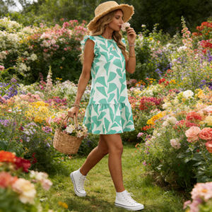 Offre spéciale sur la robe fluide à volants pour femme Temu, imprimé feuilles vertes, décontractée, mini-robe ample, tenue estivale pour les vacances à la plage ou au quotidien - Product Image 3