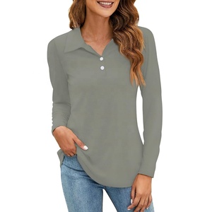 วิธีการทอเสื้อโปโลแขนยาวผ้าฝ้าย100% ลำลองสำหรับผู้หญิง - Product Image 2