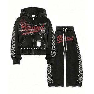Custom High quality acid wash Tracksuit with <b>rhinestone</b> with dtf logo crop <b>jacket</b> with flared pant full set tracksuit unisex - Product Image 1
