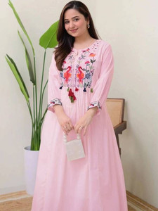 Robe décontractée traditionnelle rose en coton brodé pour femme, longueur genou, séchage rapide, style Inde Pakistan, coupe régulière, été - Product Image 6