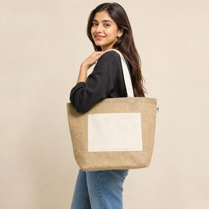 Bolsa de Compras de Yute Natural con Bolsillo Frontal de Algodón, Logotipo Personalizado, Reutilizable, Promocional, Venta al por Mayor, OEM, Marca Privada - Product Image 4