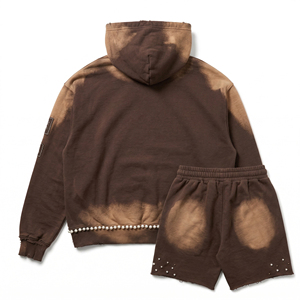 Ensemble de survêtement décontracté épais en coton 100% à séchage rapide avec broderie de perles, sweat à capuche zippé effet délavé soleil et short à cordon de serrage (lot de deux) - Product Image 2