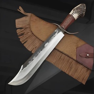 Couteau Bowie de chasse de 17 pouces en acier carbone forgé à la main avec fourreau en cuir et lame à pointe tombante - Product Image 1