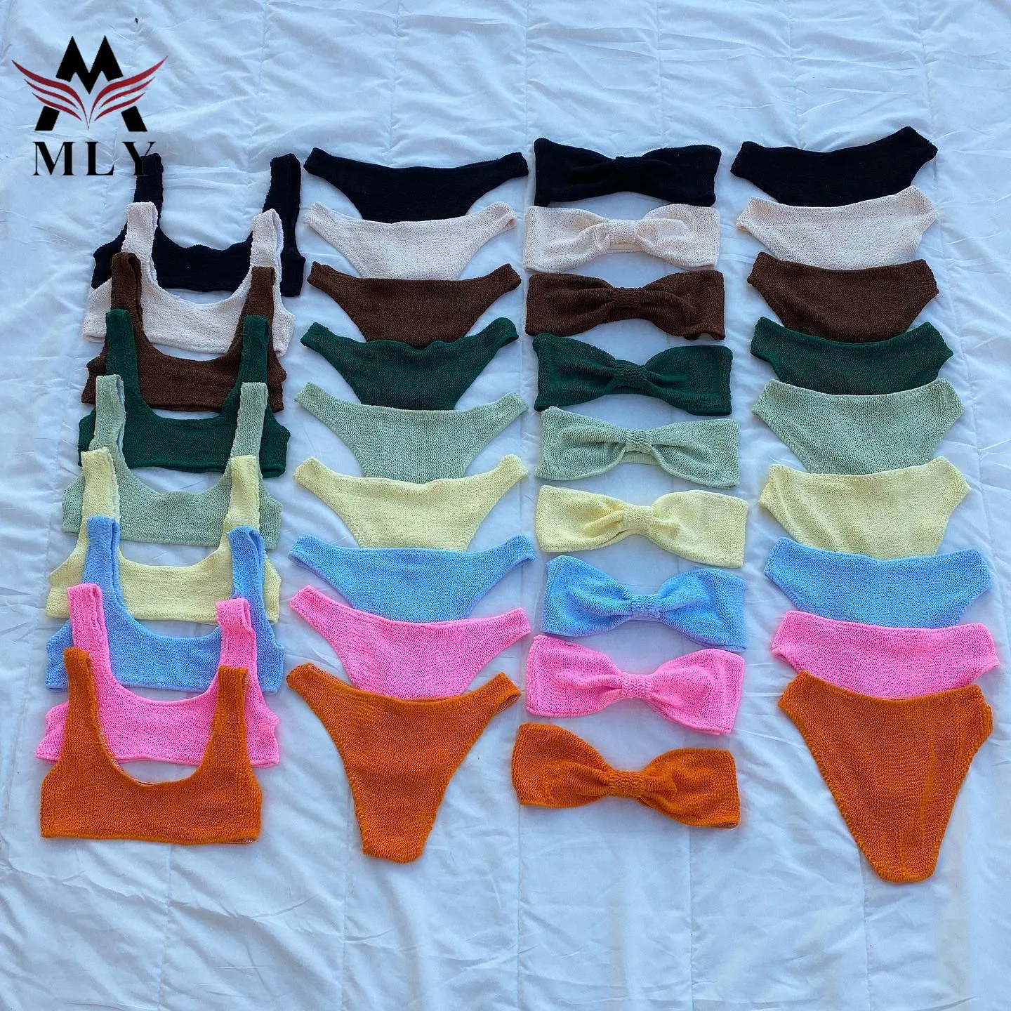2023 Custom Swimwear Manufacturer Bandeau Bow Knot Bikini Top Low Rise Shimmer Bikini Bottom Seersucker Bathing Suits for Women
