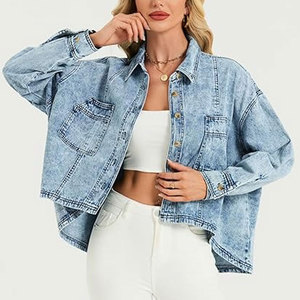 Veste en jean oversize légère pour femme, style chemise, à manches chauve-souris, pour le printemps, décontractée, coupe ample, tendance, vêtement d'extérieur - Product Image 3