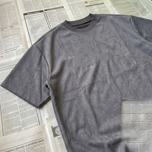T-shirt à manches courtes surdimensionné brodé Snowgrace pour homme, décontracté, en tricot, col rond, motif de lettres sur le devant, gris - Product Image 2