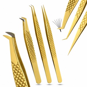 3Pcs Gold Eyelash Extension Tweezers Set Stainless Steel Volume <b>Fan</b> <b>Lashes</b> Precision Curved Isolation Beauty Salon Tools - Product Image 1