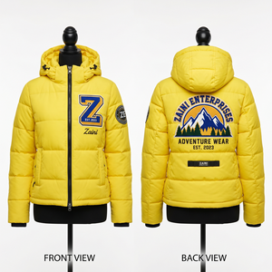 เสื้อแจ็คเก็ตพัฟเฟอร์ผู้หญิง 320 GSM ผ้าโพลีเอสเตอร์ทาสลอน สีเหลือง ดีไซน์ลายควิลท์ ปักโลโก้ตามสั่ง พิมพ์ลาย รับผลิตแบบ OEM ODM - Product Image 1