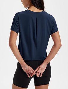 Sexy Women's <b>Navy</b> Blue Cropped Short Sleeve Knitted O-Neck Casual Solid Color Breathable Gym <b>Top</b> - Product Image 5