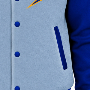 Womens Light <b>Grey</b> Varsity Bomber Jacket Blue Sleeves Sigma Letter Lightning Embroidery Gold Trim Snap Button College Style <b>Coat</b> - Product Image 6