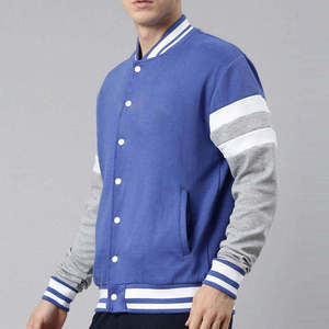 Veste de sport bleue pour homme avec manches grises et rayures blanches, vêtement d'extérieur décontracté, coupe classique, col rabattu, fermeture à boutons - Product Image 6