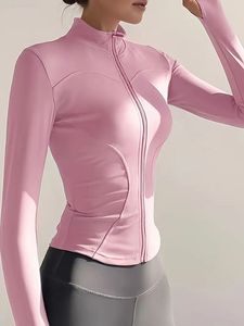 Top Deportivo de Manga Larga Rosa para Mujer, Ajustado, con Cierre Frontal, Color Sólido, Poliéster, Ropa Deportiva - Product Image 1