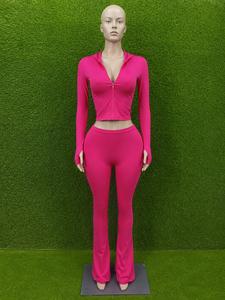 Custom Logo Women's 2 Piece <b>Yoga</b> Set Full Zip Hooded Crop Top High Waist <b>Flare</b> <b>Leggings</b> Fitness Activewear - Product Image 1