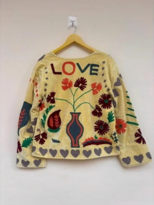 Veste en velours de coton brodée à la main pour femme, style ethnique bohème, coupe régulière, motif floral, col montant, pour l'hiver, vêtement d'extérieur artistique et tendance - Product Image 3