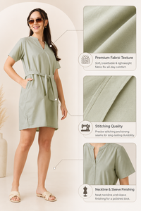 Elegant Green Cotton Summer Bohemian Party <b>Dress</b> Detachable Belt Short Sleeve V <b>Split</b> Neck Eco-Friendly Breathable Vintage - Product Image 6