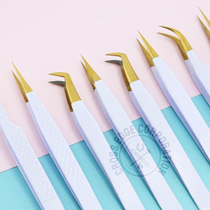 Hot Sale Popular White with Gold Tip Eyelash Extension Fiber Tip Tweezers 90 45-degree Stainless Steel Nonslip Lash Tweezers - Product Image 4