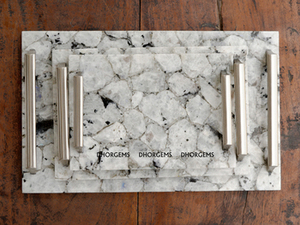 Plateau rectangulaire en agate naturelle brun foncé avec motif cristallin style géode et poignées décoratives pour la maison, l'hôtel, le restaurant - Product Image 5