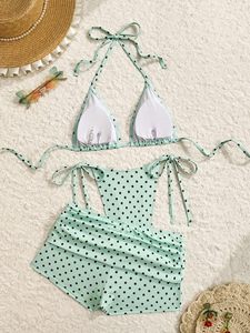 Women's <b>Bikini</b> with Shorts Plus Size Halter Swimwear Custom Logo Beachwear Two Piece With Shorts Drawstring Swimwear Bathing Set - Product Image 4