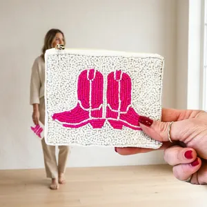 Handmade Embroidery Pouch High Quality Beaded Coin <b>Purse</b> Pink Cowboy Boots Design Square Shape Casual Style For Women girls use - Product Image 2