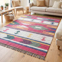 Tapis Kilim en coton tissé plat géométrique bleu pour salon, intérieurs côtiers contemporains et nordiques