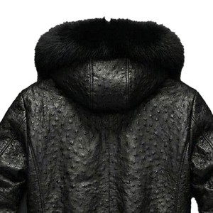 Veste en cuir de vachette véritable gaufré effet autruche, finition élégante, qualité supérieure, avec capuche doublée de fourrure amovible et fermeture robuste - Product Image 6