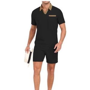 Conjunto de Camiseta Polo y Pantalones Cortos de Algodón Negro para Hombre, Venta al Por Mayor 2026, Ropa Casual de Verano, Transpirable, Tejido de Punto, Color Sólido - Product Image 1