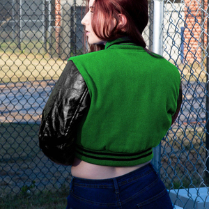 Veste courte universitaire pour femme, vert clair, style Letterman noir, manteau bomber, manches en similicuir, vêtement d'extérieur décontracté, mode féminine - Product Image 5