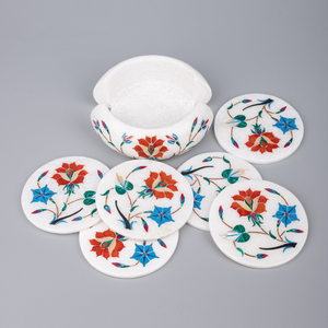 Ensemble de dessous-de-verre de luxe en marbre blanc avec incrustations florales Pietra Dura, sets de table ronds et support - Pack de gros pour la salle à manger - Product Image 1