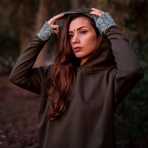 Boho Cozy Sweatshirt with Thumbhole Sleeves and Hood Relaxed Fit Soft Everyday Comfort Pullover for Women - Product Image 3