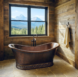 Baignoire profonde en cuivre antique avec moulures décoratives et vue sur les montagnes, disponible à prix de gros. - Product Image 1