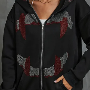 Sweat à capuche épais en molleton français avec strass pour homme, mélange coton-polyester, 480G, fermeture éclair intégrale, streetwear - Product Image 3