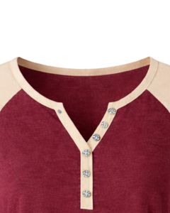 T-shirt pour femme beige bordeaux à manches courtes, col Henley, manches raglan, coton doux, décontracté, respirant, confortable, à porter au quotidien - Product Image 6