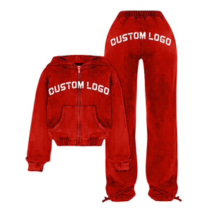 Custom Manufacturer Oversized French Terry Acid Wash Distressed Embroidered <b>Zip</b> <b>up</b> <b>Cropped</b> Hoodie Women Two Piece Tracksuit Set - Product Image 2