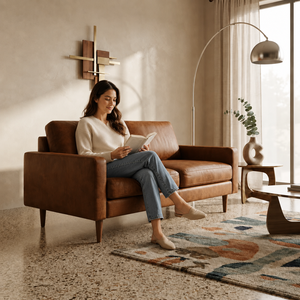 Sofá de Dos Plazas de Cuero Genuino Estilo Moderno de Mediados de Siglo con Patas de Madera, Respaldo Acolchado y Brazos Rectos, Mueble de Sala de Estar - Product Image 3