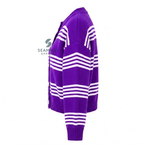 NCNW Sorority Women's Striped Knit <b>Cardigan</b> Button Down Long Sleeve Crew Neck <b>Purple</b> White Embroidered Casual Sweater - Product Image 3