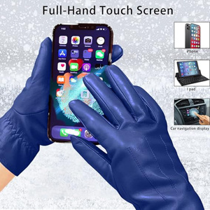 Gants en cuir véritable pour femmes, mode hiver, luxe, gants en cuir bleu pour dames avec poignet plissé - Product Image 3