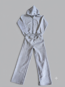 Gray Men Midweight Winter Eco-Friendly Printed Casual Solid Regular Fit Hoodie Sweatpants Set Zip Tracksuit Full Length Jogger - Product Image 1