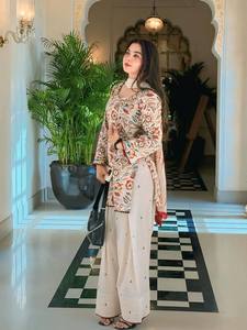 Pure Cambric Cotton Printed Modern Party Stretchable Wrinkle Free Kurti Farshi Pant Set Chiffon Dupatta Women's Floral Ethnic - Product Image 3