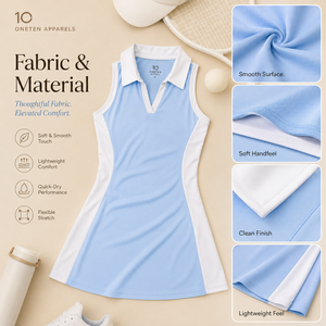 Robe de tennis sans manches pour femme avec logo personnalisé, bleu clair, col contrastant, coupe ajustée, ourlet évasé, polyester/coton, fermeture éclair sur le devant, style sportif - Product Image 5