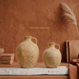 Mariposa S Distressed Patina Yellow Rustic Terracotta Clay Handmade Handcrafted <b>Ceramic</b> Jug <b>Vase</b> Decorative Tabletop Hotel Use - Product Image 2