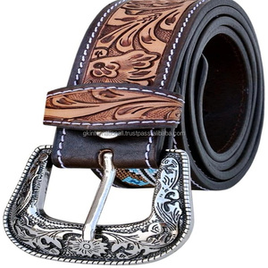 Cinturón vaquero de cuero genuino hecho a mano con incrustaciones de cuentas coloridas y diseño floral grabado. - Product Image 2