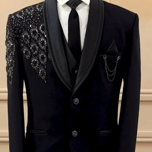 Men’s Black Tuxedo Blazer with <b>Sequin</b> Embroidered Shoulder | Designer Wedding Party Suit <b>Jacket</b> with Shawl Lapel - Product Image 1