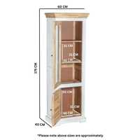 Armoire d'angle moderne en bois massif blanc et bois naturel avec 2 portes à persiennes et porte vitrée haute, au design durable et écologique