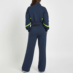 Ensemble de survêtement bleu marine pour femme avec rayures vertes, coupe ample, pantalon long à cordon de serrage, style sportif, respirant - Product Image 3