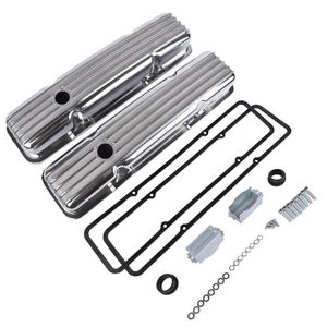 Retro 1958-1986 SBC Chevy 350 400 Short Valve <b>Covers</b> Polished Aluminum with Finned Design Cylinder <b>Head</b> Gaskets Compatible - Product Image 4