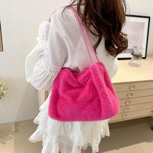 Luxury <b>Waterproof</b> Winter Faux Fur Fluffy Ladies Shoulder Handbags with <b>Drawstring</b> Closure for Sport Outdoor Travel - Product Image 1