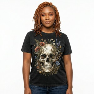 T-shirt personnalisé pour femme, motif floral et crâne, imprimé graphique botanique squelette, esthétique bohème, en coton, vente en gros fabricant - Product Image 1