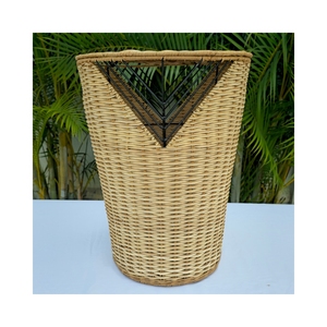 Baúl de Almacenamiento Redondo de Ratán en Dos Tonos, Blanco y Marrón, con Tapa - Product Image 5