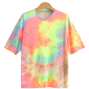 เสื้อยืดแขนสั้นผู้ชาย ลายมัดย้อม คอกลม ทรงปกติ ผ้าถักลำลอง สีชมพูเหลือง ลายพิมพ์ - Product Image 3