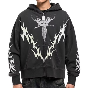 Sudadera con Capucha de Alta Calidad, Tejida a Medida, 400 g/m², Estilo Vintage, Estampado Lavado, Corta, para Hombre, Ropa Urbana, Estilo Hip Hop - Product Image 1